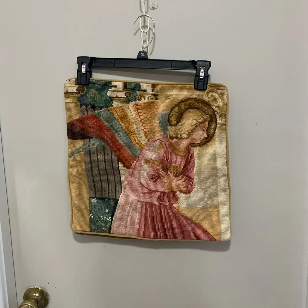 Vintage needlepoint angel tapestry pillow cover